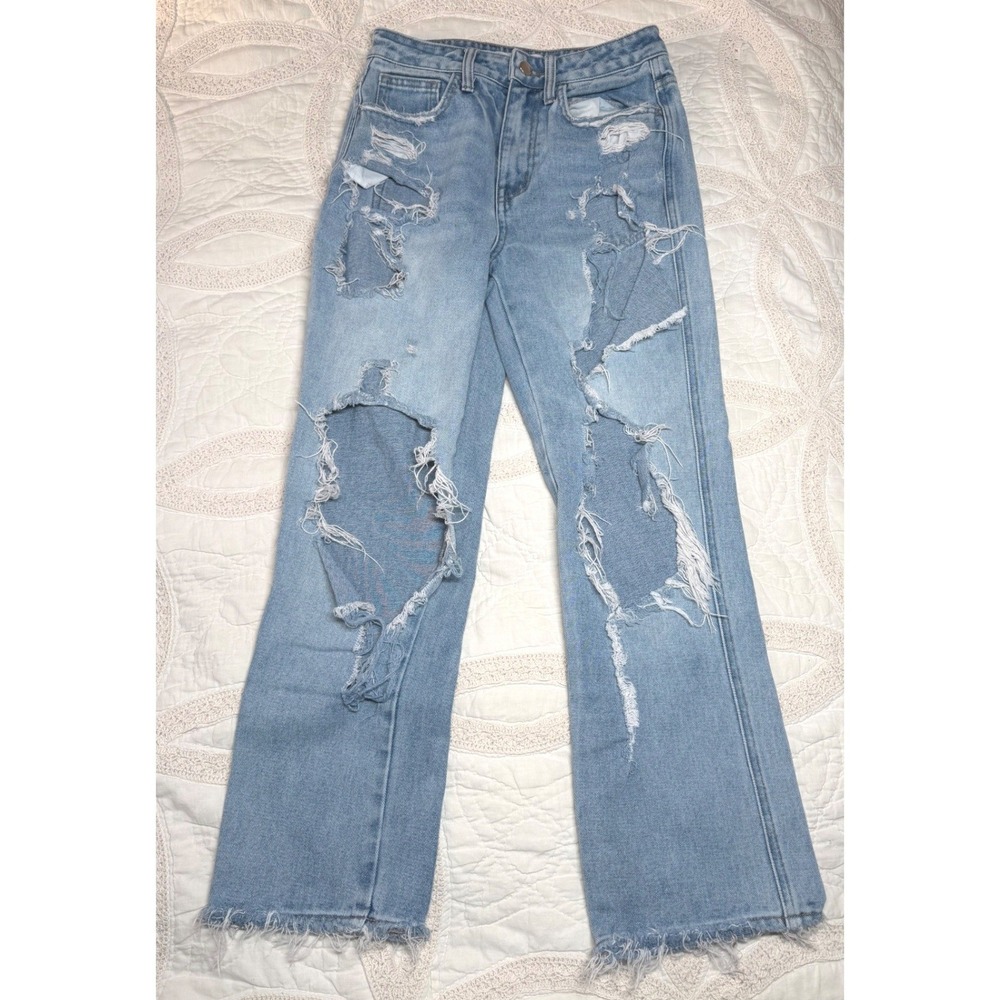 Flying Monkey Distressed‎ Shredded Grunge Jeans Crop Blue High Rise Jr Womens 24